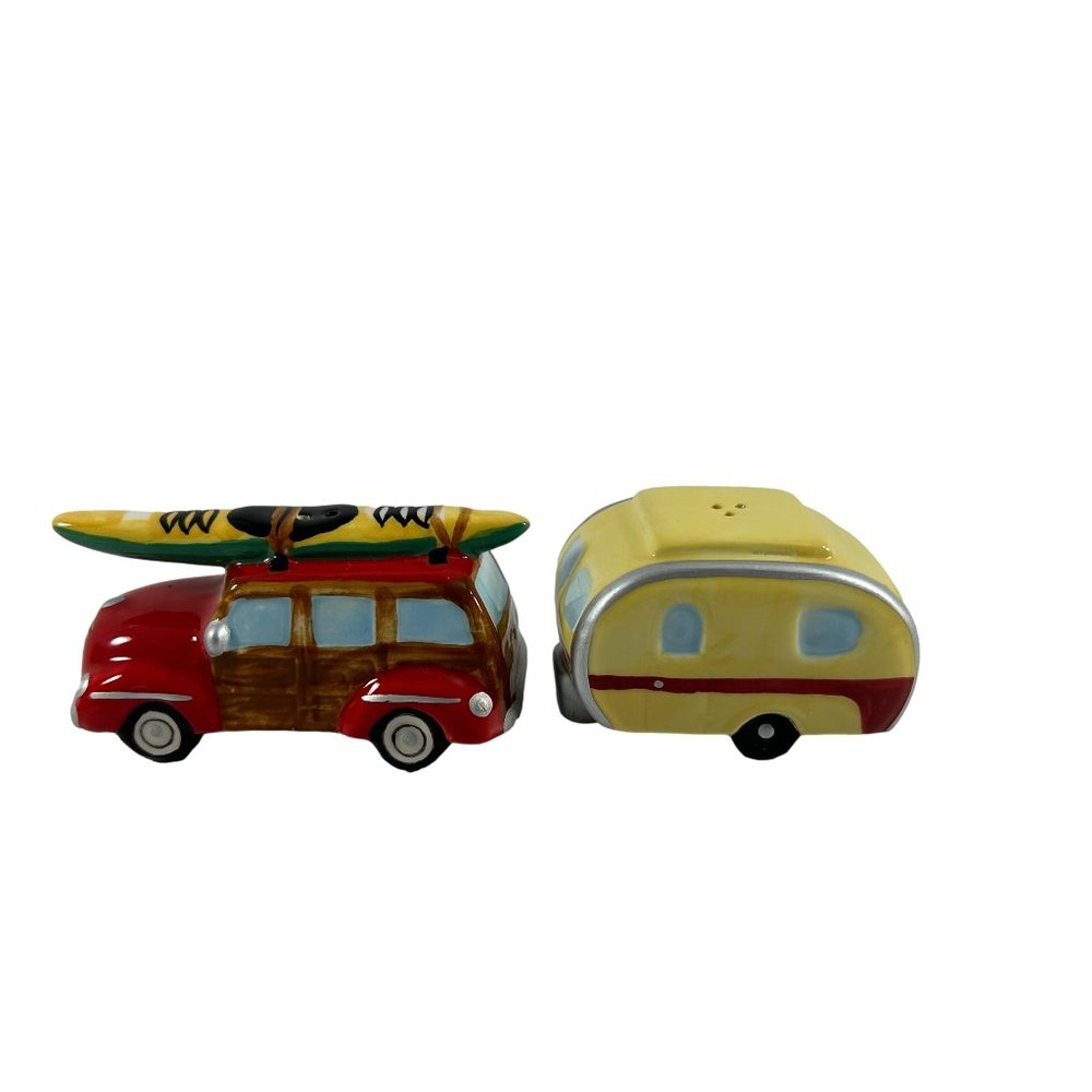 Cape Shore Salt Pepper Shaker Ceramic Camper Woody Car Kayak Retro